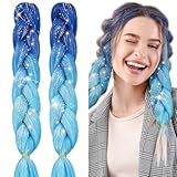 Bordedor Braiding Hair Extension with Tinsel, Blue Hair Extensions Synthetic Colored Braiding 3 Tone for Girls Women,Box Braids Twist 24 Inch