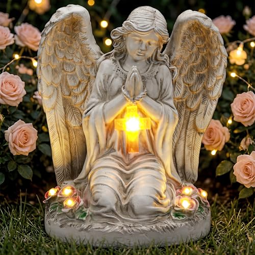 Ayadon Solar Angel Garden Statues with Cross and 6 LED Lights, Solar Outdoor Decor for Patio, Balcony, Yard, Cemetery, Waterproof Praying Angel Figurines, Lawn Ornaments Gifts for Women, Mom, Grandma