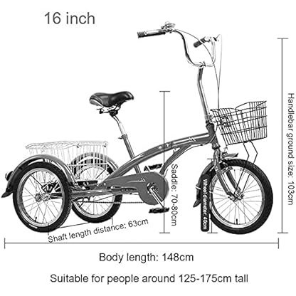 16-Zoll-Dreirad für Erwachsene mit Einkaufskorb, 3-Rad-Cruiser-Fahrrad für Freizeit, Einkaufen, Picknicks, Training, Herren- und Damenpicknick, Radfahren, Treten (schwarz) – Bild 4