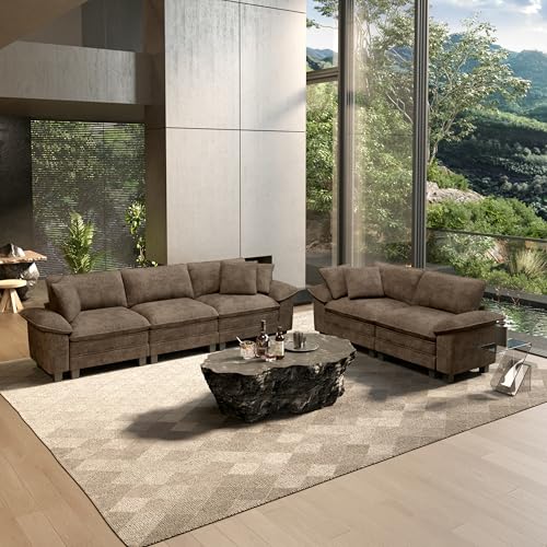 HERA'S HOUSE 2 Pieces Modular Sectional Sofa Sets, Oversized Couch Set with Loveseats, Comfy Cloud Couches with Throw Pillows, 5-Seater Deep Seat Sofa for Living Room, Chenille Taupe