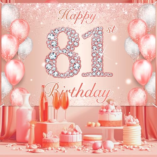 Image of Happy 81st Birthday Rose Gold Banner Cheers to 81 Years Old Backdrop Confetti Balloons Theme Decor for Women 81 Years Old Pink Birthday Party Decorations Bday Supplies Background Favors Gift Glitter