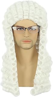 Adult Long Curly White Barrister Judge Wig Gentleman Lawyer Costume Hair Heat Resistant Synthetic Fibers Soft Durable Breathable Wig
