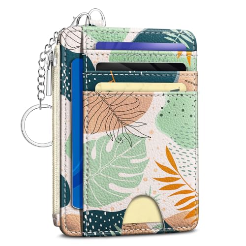 Image of Kelvoris Abstract Leaves Credit Card Holder Small Wallet Women, Slim RFID | Keychain, Zipper Coin Pocket, Front Pocket Thin Travel Card Case, Minimalist, 6 Card Slots, 1 ID Window, Ladies Gifts Woman
