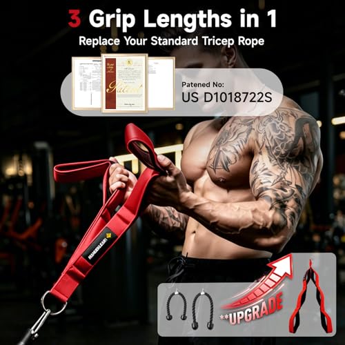Image of MANUEKLEAR 24-Inch 3-Grip Tricep Rope Cable Attachment for Gym Greater ROM