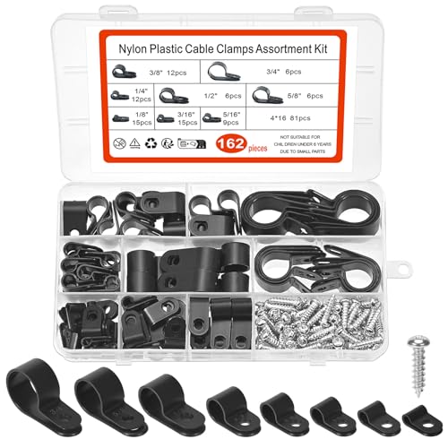 Peevisap 162 Piezas Nylon Sujeta Cables Negro, R Type Clips Para Cables, 8 Tamaños Clips De Cable, Abrazadera De Cable, Gestión De Cables, Para Oficina, Hogar