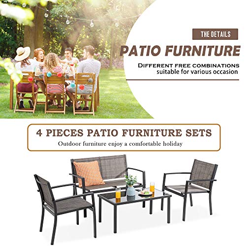 Image of Vongrasig 4-Piece Modern Metal Textilene Patio Furniture Set - Small, Taupe with Loveseat & Glass Table for Lawn, Garden, Porch, Balcony, Backyard (Taupe)