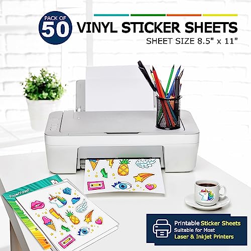 Image of Premium Printable Vinyl Sticker Paper for Inkjet and Laser Printer - 50 White Matte Sticker Paper Waterproof - Excellent Adhesion Paper 8.5 x 11, Fast Dry, Holds Ink Well, Great for Cutting Machines