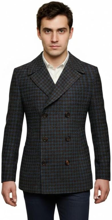 Men’s Dress Blazer Houndstooth Double Breasted 6 Button Suit Jacket Adjustable Back Buttons for Fall Winter