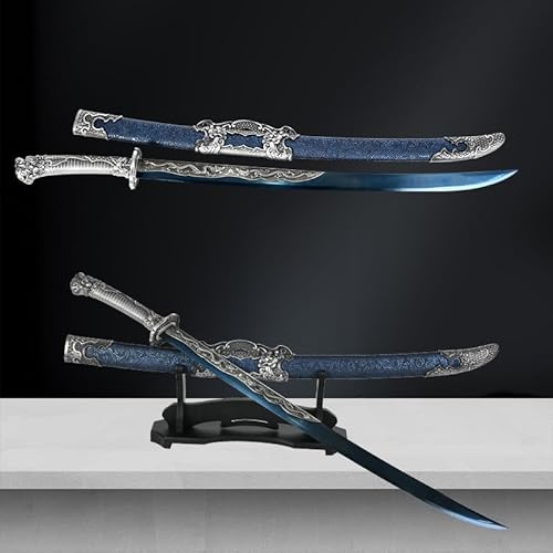 Sapphire Blue Crescent High Manganese Steel Sword Katana, Handmade Chinese Sword with Scabbard, Training/Display Sword Collectible Cosplay Prop for Display, Anime Style Gift for Men