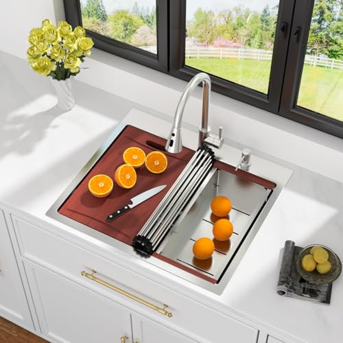 Image of Kichae 25 Drop In Kitchen Sink with Faucet Combo - Workstation Kitchen Sinks 25 x 22 Inch Workstation Sink Topmount Overmount Single Bowl Handmade Basin All Accessories Included