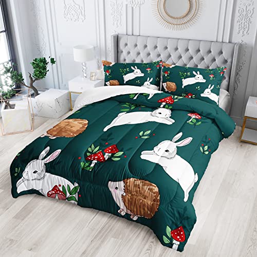 Bsntho Kawaii Animal Comforter Full Size,Hedgehog Mushroom Rabbit Kids Comforter Set,3Pcs Bedding Set Printed Comforter With 2 Pillowcases,Down Alternative,Soft And Lightweight,For All Seasons #TOP1