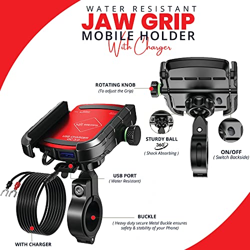 Image of GRAND PITSTOP Mobile Holder for Bikes, Motorcycle, Scooter, Bicycles, Jaw Grip with Charger Bike Mobile Holder for Maps and GPS Navigation with 360 Rotation Aluminium Handlebar Phone Mount-Red
