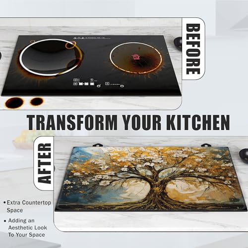 Image of Gold Tree Stove Top Covers for Electric Stove,Spring White Flower Glass Top Stove Cover, Heat Resistant Range Covers for Electric Stove,Washable Countertop Mat, 28 x 20 Inch