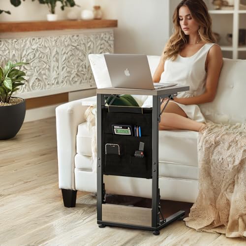 Image of Folding TV Tray Table, Small Folding Side Table with Storage Bag, Portable C Shaped End Table for Couch Sofa Bed, Oak Gray