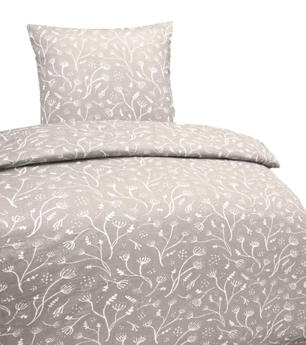 Hochwertige Baumwolle Bettwäsche Blumen Weiß Beige 135x200 80x80cm Set 2 TLG