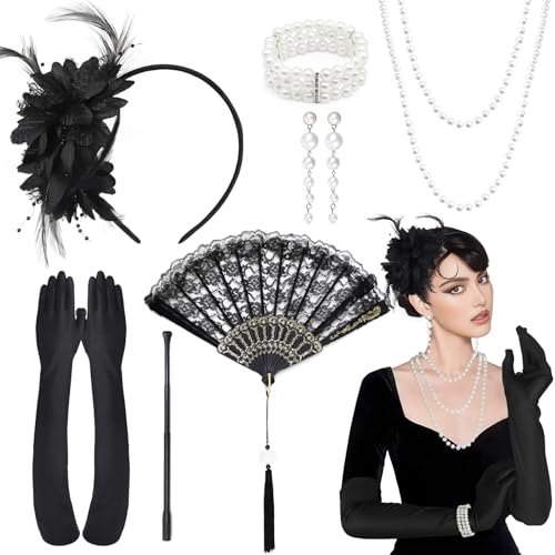 9Stück Great Gatsby Accessoires Set, Great Gatsby Party Kostüme Damen mit Kopfschmuck, Lange Handschuhe, Künstliche Perlenkette, Lüfter, 20's...