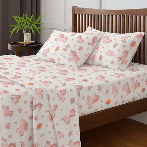 Image of Cottington Lane Microfiber Printed Bedsheet for King Bed with 2 Pillow Covers - Breathable, Soft, Wrinkle-Free, Skin Friendly - 102x108 Inches - Pink Unicorn