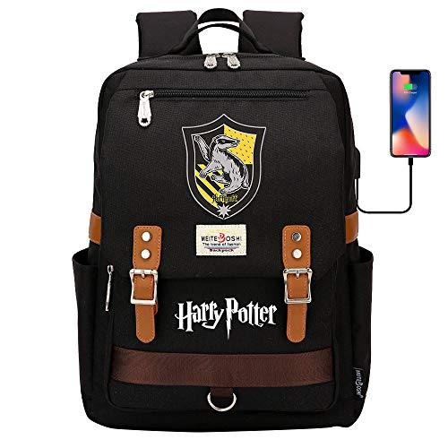 DDDWWW Hufflepuff Rucksack Harry Potter Tasche, multifunktionale große Kapazität Schüler Schule Tasche, Laptop-Rucksack mit USB-Anschluss Retro Schwarz Cover