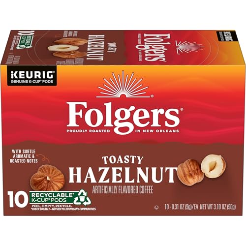 Image of Folgers Toasty Hazelnut Artificially Flavored Coffee, K-Cup Pods, 10 Count | Medium roast coffee, Genuine K-Cup pods made to brew with your Keurig coffee maker