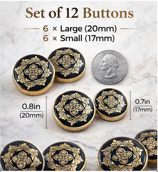 Image of REENA Metal Coat Buttons Set of 12 (6 Large 20mm + 6 Small 17mm) | Premium Gold & Black Designer Buttons for Blazer, Coat, Sherwani & Uniform | Heavy Duty Sewing Buttons for Men & Women( ANTIQUE BLACK NEW )
