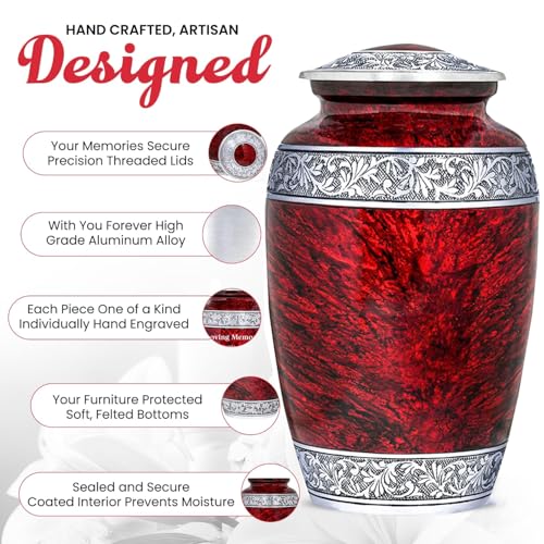 Image of Red Urn Sets of 6 Funeral & Cremation Urns for Human Ashes Adult Man or Woman | 1 Large Red Urns for Human Ashes Adult Female with an Ash Necklace & 4 Small Urns for Family Sharing