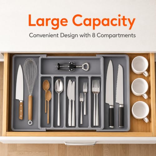 Image of Large Silverware Drawer Organizer, Expandable Utensil Tray for Kitchen, BPA Free Flatware and Cutlery Holder, Adjustable Plastic Storage for Spoons Forks Knives, Grey, Pack of 2