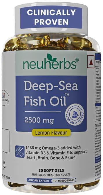 Neuherbs Deep Sea Omega 3 Fish Oil 30 Softgels, Omega 3 Supplement Triple Strength 2500 Mg for Muscle, Joints, Heart & Cognitive Support, No Fishy Burps with Lemon Flavour, 1 count, 30 capsules
