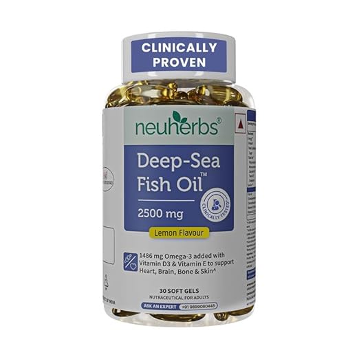 Neuherbs Deep Sea Omega 3 Fish Oil 30 Softgels, Omega 3 Supplement Triple Strength 2500 Mg for Muscle, Joints, Heart & Cognitive Support, No Fishy Burps with Lemon Flavour, 1 count, 30 capsules