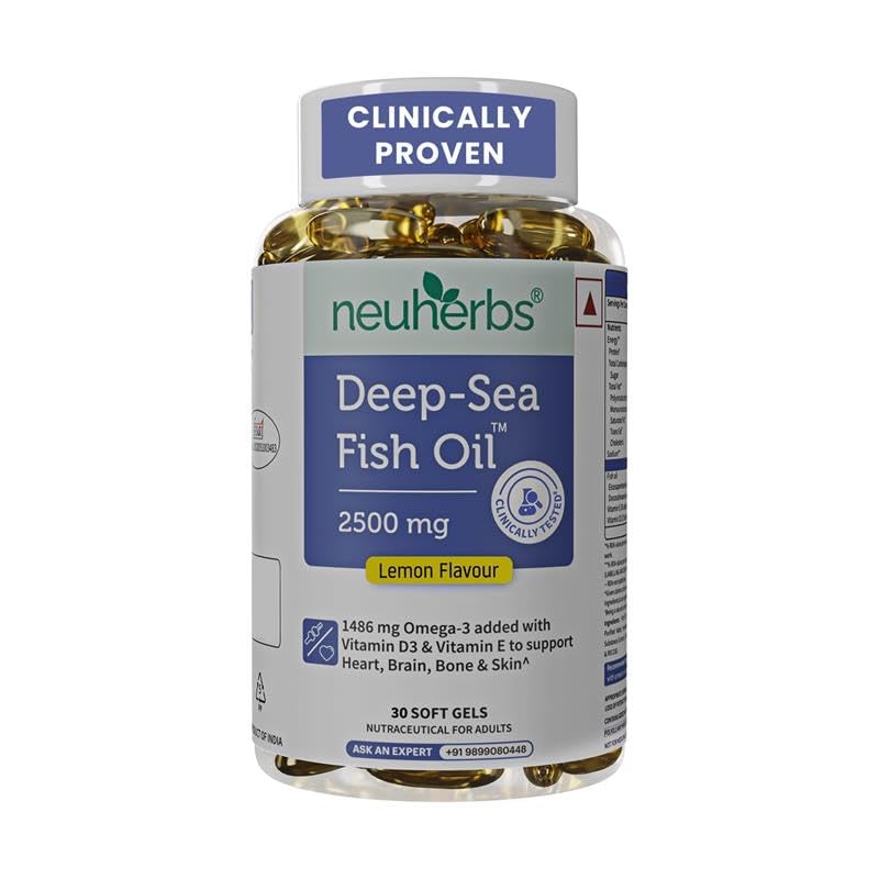 Neuherbs Deep Sea Omega 3 Fish Oil 30 Softgels, Omega 3 Supplement Triple Strength 2500 Mg for Muscle, Joints, Heart & Cognitive Support, No Fishy Burps with Lemon Flavour, 1 count, 30 capsules