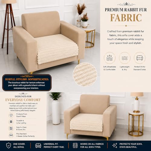 Image of Homerz Premium Rabbit Fur Sofa Cover with Anti-Skid Backing, Soft Plush Fabric Sofa Protector for Living Room Furniture (Beige, 1 Seater, Only Seat Cover)