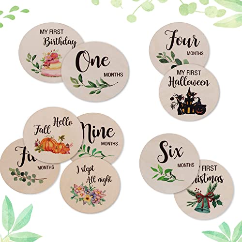 CAVLA Baby Monthly Milestone Cards Sign, The Perfect Newborn Photography Props, 10 Double Sided Marker Wooden Circles Discs, Baby Announcement Sign for Photo Prop Baby Shower Nursery