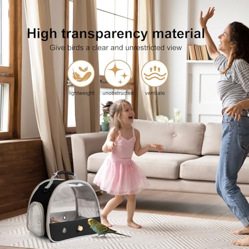 Image of Bird Carrier, Portable Small Bird Parrot Parakeet Carrier with Standing Perch and Stainless Steel Tray, Side Access Window Collapsible (Black, Clear Windows)