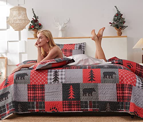 Twin Size Quilt Set Rustic Quilt Bedding Twin Quilt Bed Spread Coverlet Plaid Quilts Red Black Patchwork Bedding Country Lodge Cabin Bear Quilts Lightweight Reversible Home Quilt With 2 Pillow Shams #TOP5