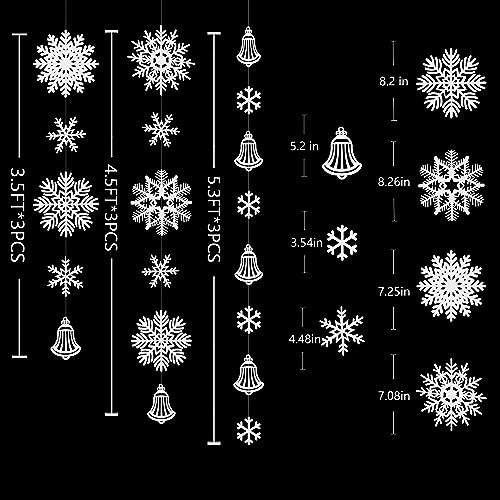 Image of 40Ft White Snowflakes Bell Garland Glitter Paper Big Snowflakes Hanging Streamer Backdrop for Winter Wonderland Christmas Holiday Birthday Home Window Wall Room Decor