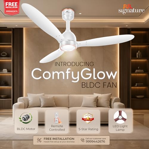 Image of RR Signature COMFYGLOW 1250mm BLDC Underlight Ceiling Fan with 100% Pure Copper Motor - 35W | 350 RPM High Speed | Remote Control & LED Light | 3 Light Modes | 3 Year Warranty - Sparkle White