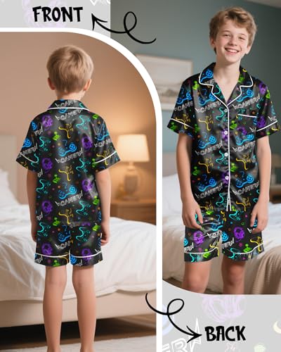 Fiodrimy Boys Pajamas Big Boys Satin PJS Set Summer Short Sleeve Button Down Kids Silky Pajama Lounge Sleepwear Size 8-144
