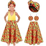 Tarpop 3 Pcs Halloween Girl African Outfits African Attire Maxi Dashiki Skirt Toddler Kid Boho Head Wrap Dangle Earring(7-8 Years)