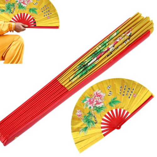 Fold Hand Fan Tai Chi Fan, Traditional Chinese Bamboo Fan Kung Fu Martial Arts Silk Fan Right Hand Wushu Dance Practice Training Fan(Gold)