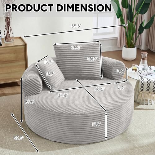 Image of Oversized Round Chair Lounge Chaise Indoor, 55.5 inch Upholstered Corduroy Deep Seat Single Cloud Sofa Chair, Fluffy Modern Large Circle Boneless Sleeper Sofa for Living Room, Bedroom, Light Grey