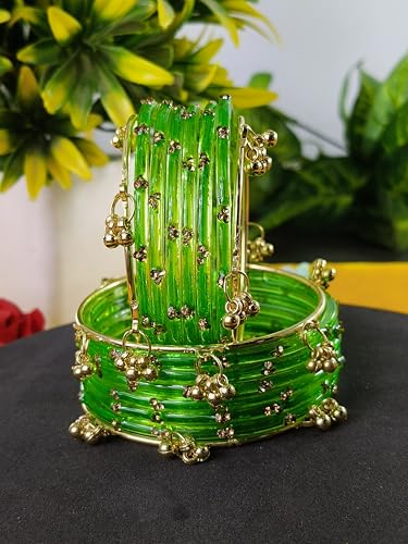 Image of NMII Viral Multi Colour Glass Bangles with Golden Ghungroo Charms & Stone Work For Women & Girls | Fancy Designer Glass Bangle | Traditional Chudi | Kanch Ki Churi | Stylish Ghungroo Bangle For Women