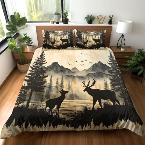 Housse de Couette 140x200 Paysage Montagnard avec Cerfs, Parure de Lit Style Paysage VintageEnfant , Housse Couette Microfibre Avec 2 Taie D'oreiller 65x65 Cm,...