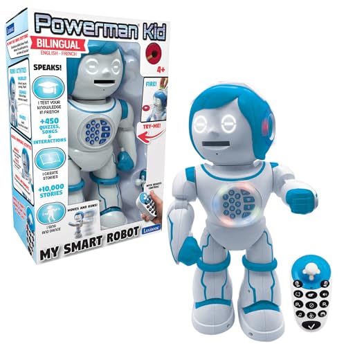LEXiBOOK Powerman Kid - Educational and Bilingual English/Spanish Robot - Walking Talking Dancing Singing Toy - STEM Programmable Telling Creating Stories - Quizzes Shooting Discs for Kids - ROB90US