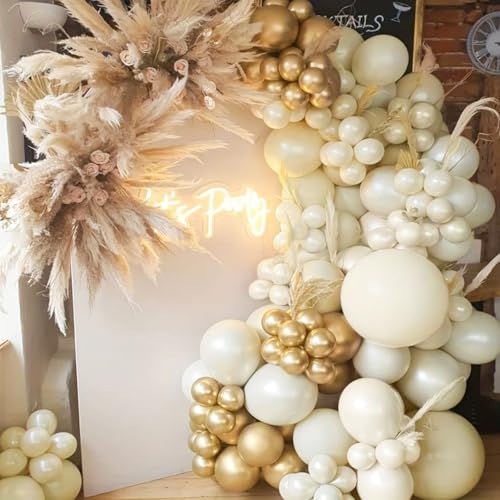 Image of PartyWoo Neutral Balloon Arch Kit Garland 140pcs Different Sizes of 18 12 10 5 Inch Off White Sand Cream Ivory Gold Confetti Boho Balloons for Bridal Baby Shower Engagement Birthday Party Decorations