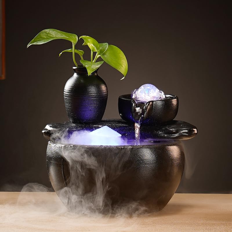 Fontaine à eau en céramique avec humidificateur, décorations d'aquarium pour la maison, le bureau, le salon, la décoration de bureau, petite fontaines cascade pour intérieur (sans humidificateur, noir