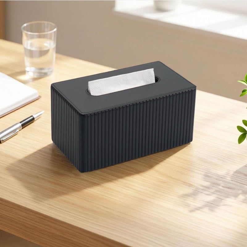 High Capacity Large Sized Tissue Box with Luxurious Striped Leather Holder End Appearance Storage image 2