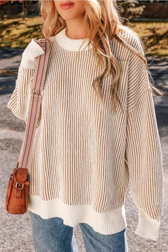KevaMolly Womens Long Sleeve Sweater Striped Textured Knit Contrast Edge Loose Sweater Casual Striped Pullover Tops4