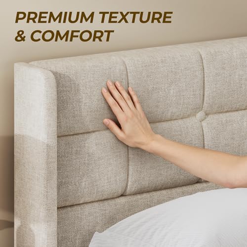 Image of HISOFT Queen Size Lift Up Storage Bed Frame, Linen Upholstered Platform Bed with Wingback Headboard, Heavy Duty Hydraulic Gas Lift Underbed Space, Reinforced Full Metal Slats, Noise Free, Beige
