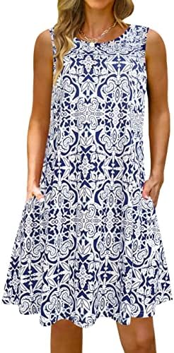 Summer Casual Tshirt Dresses for Women Swing Sun Dress Beach Swimsuit Cover Ups with Pockets L Geometric