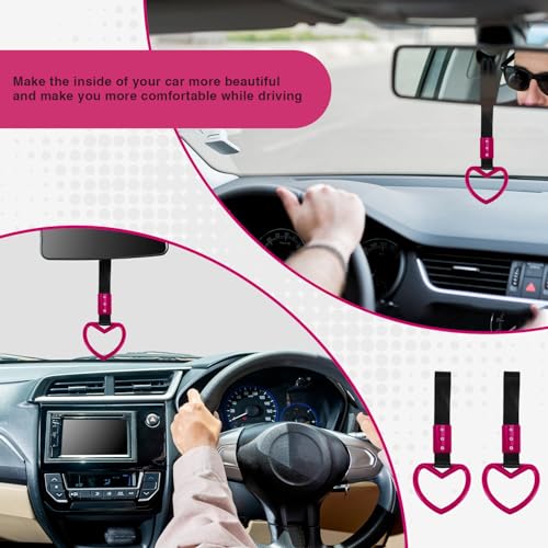 Image of 2PCS Heart Shaped Car Handle Straps, Rear Bumper Warning Keychain Ring for Car Exterior Accessories (Hot Pink)