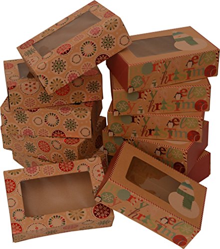 Christmas Doughnut and Cookie gift boxes; rectangle with clear window; brown kraft with hot stamp Christmas designs; 6 of each print; set of 12 boxes (12 x 3.75 x 2.75) (12, 8.6